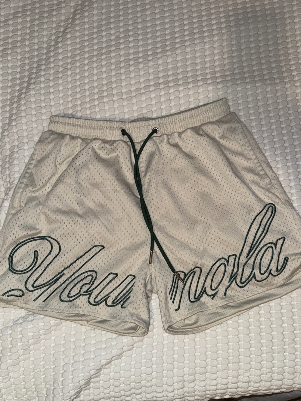 YoungLA Men's Cream Mesh Drawstring Shorts with Script Detail